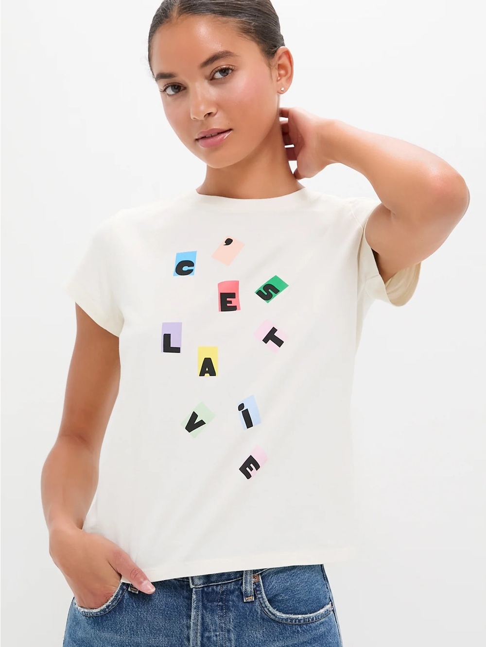Clare V Cream Short-Sleeve Tee with Multicolor C’est La Vie